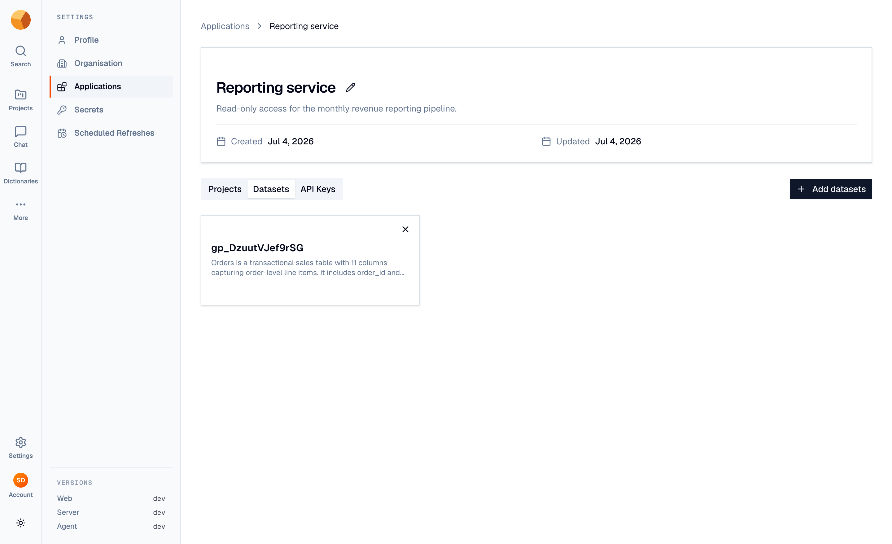 An application's detail page with its grants and API keys tabs