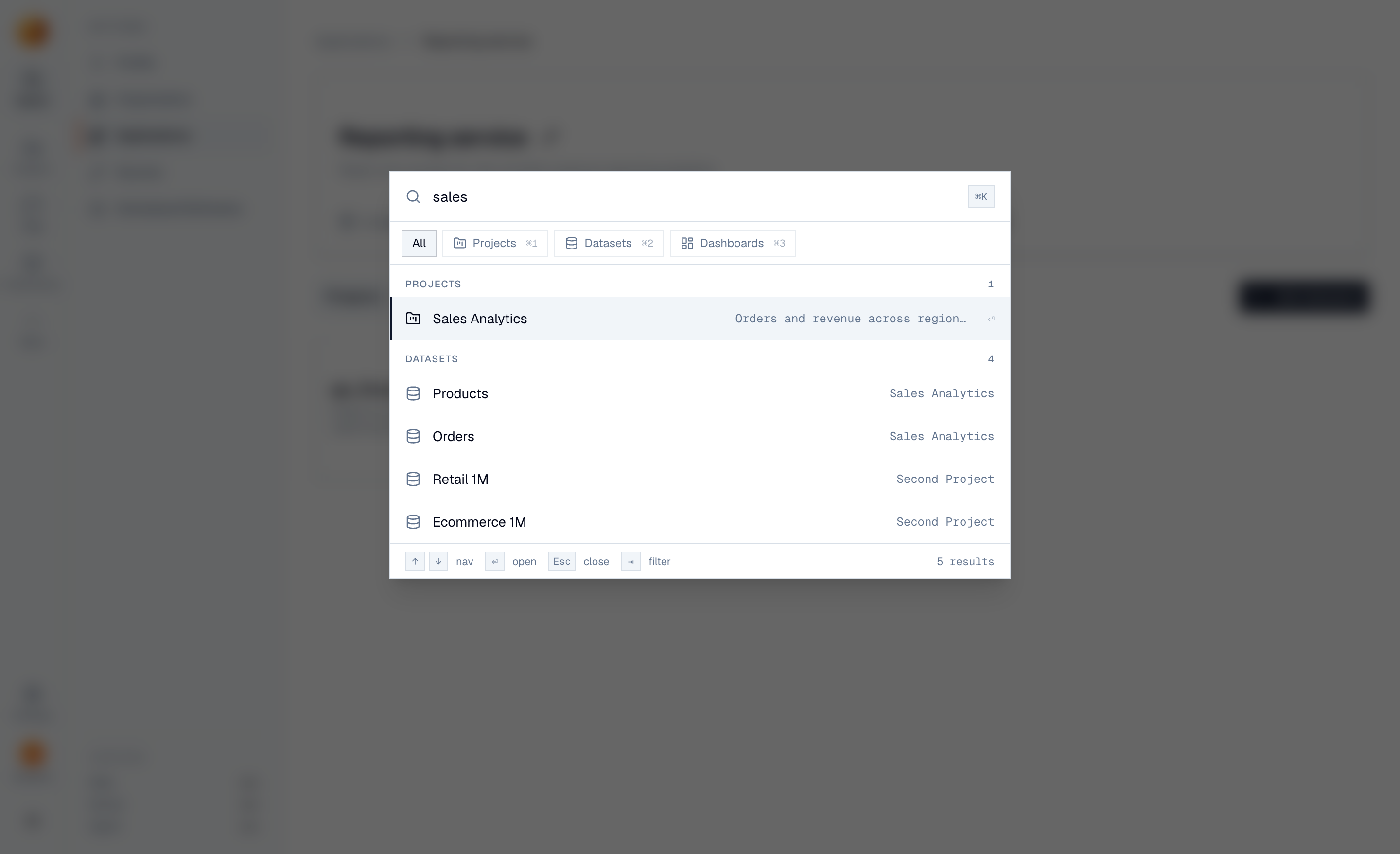 The global search palette with grouped results