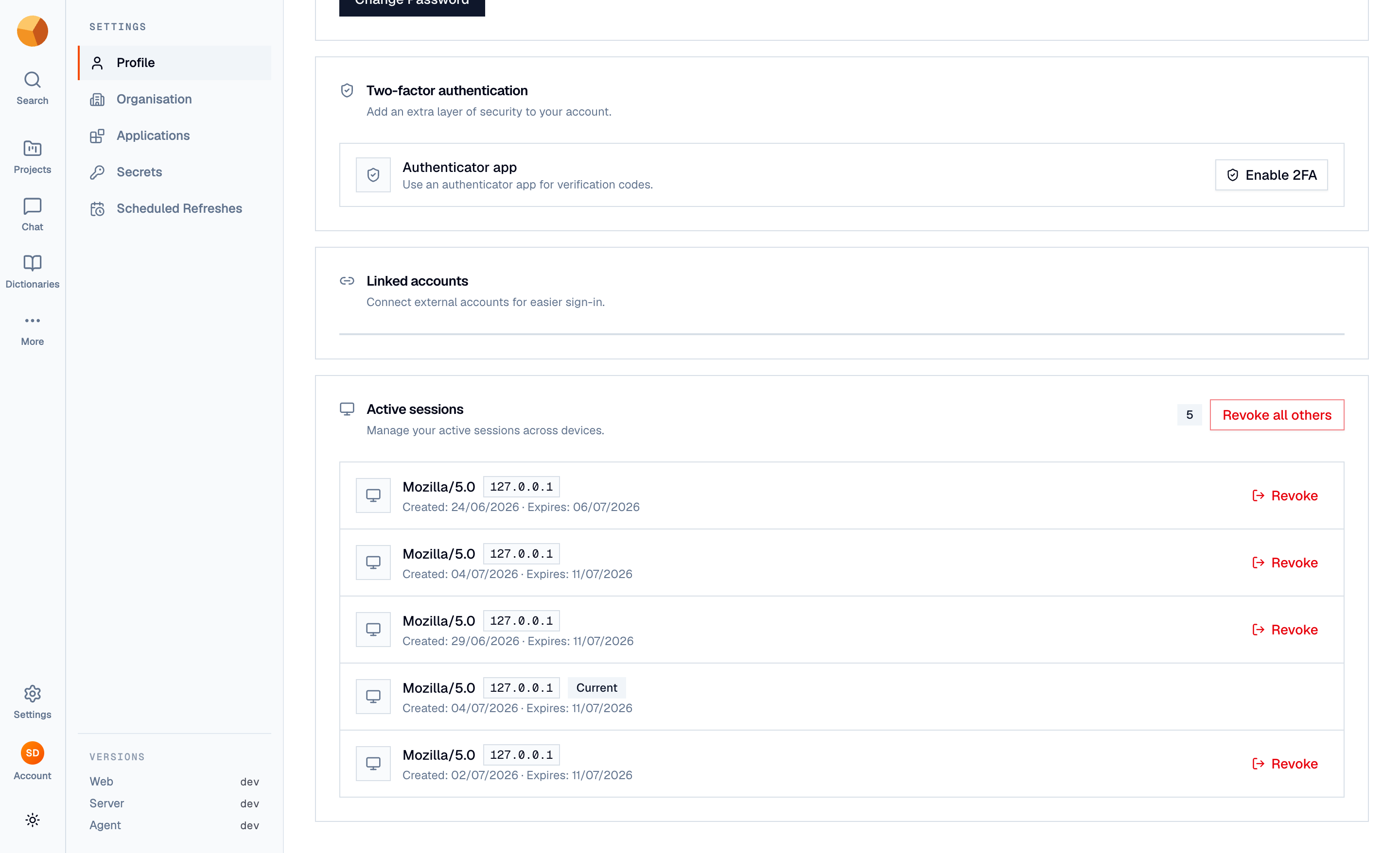 The profile page's security sections: two-factor authentication, linked accounts and active sessions