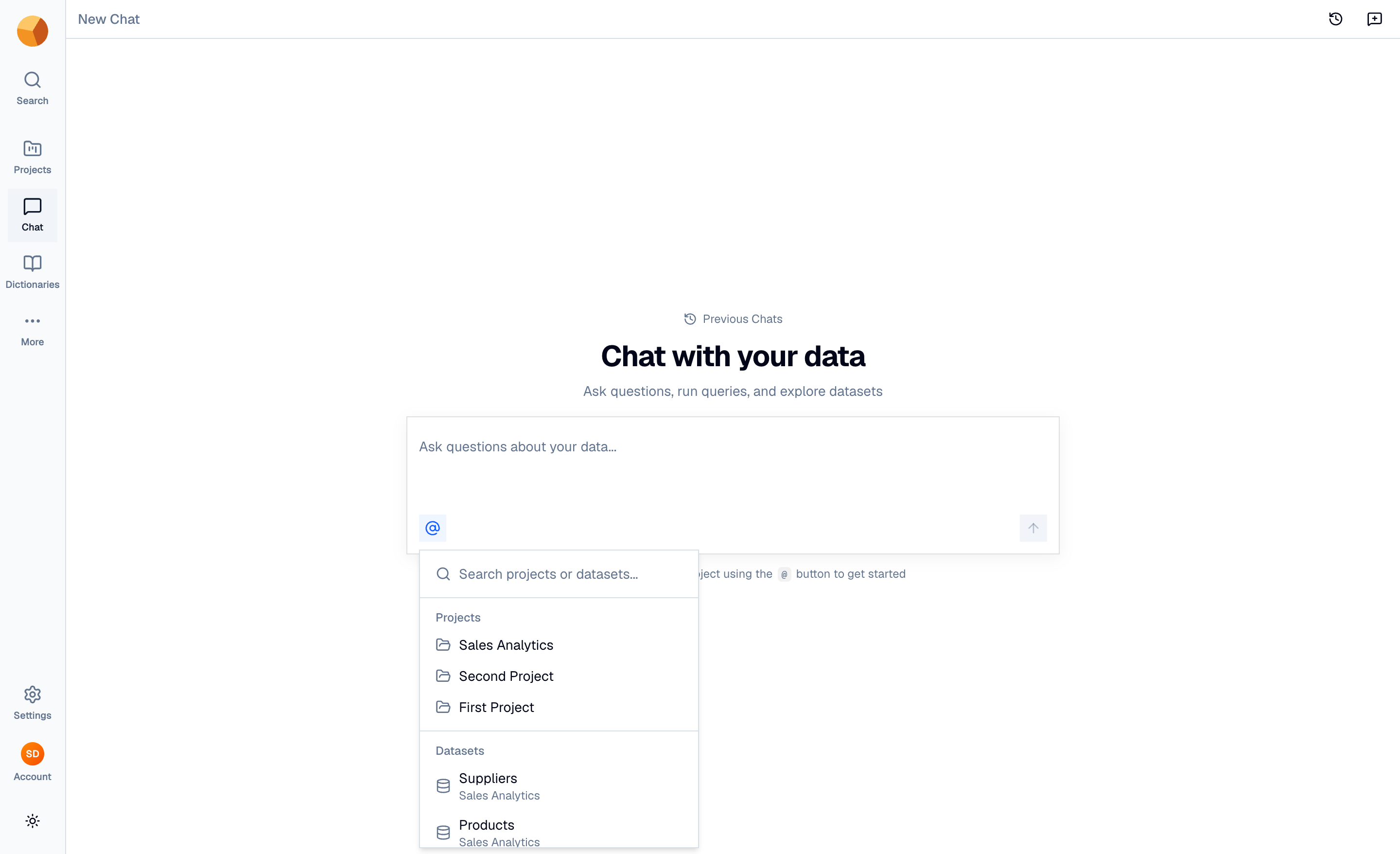 The context picker open over the composer, listing projects and datasets with a search box