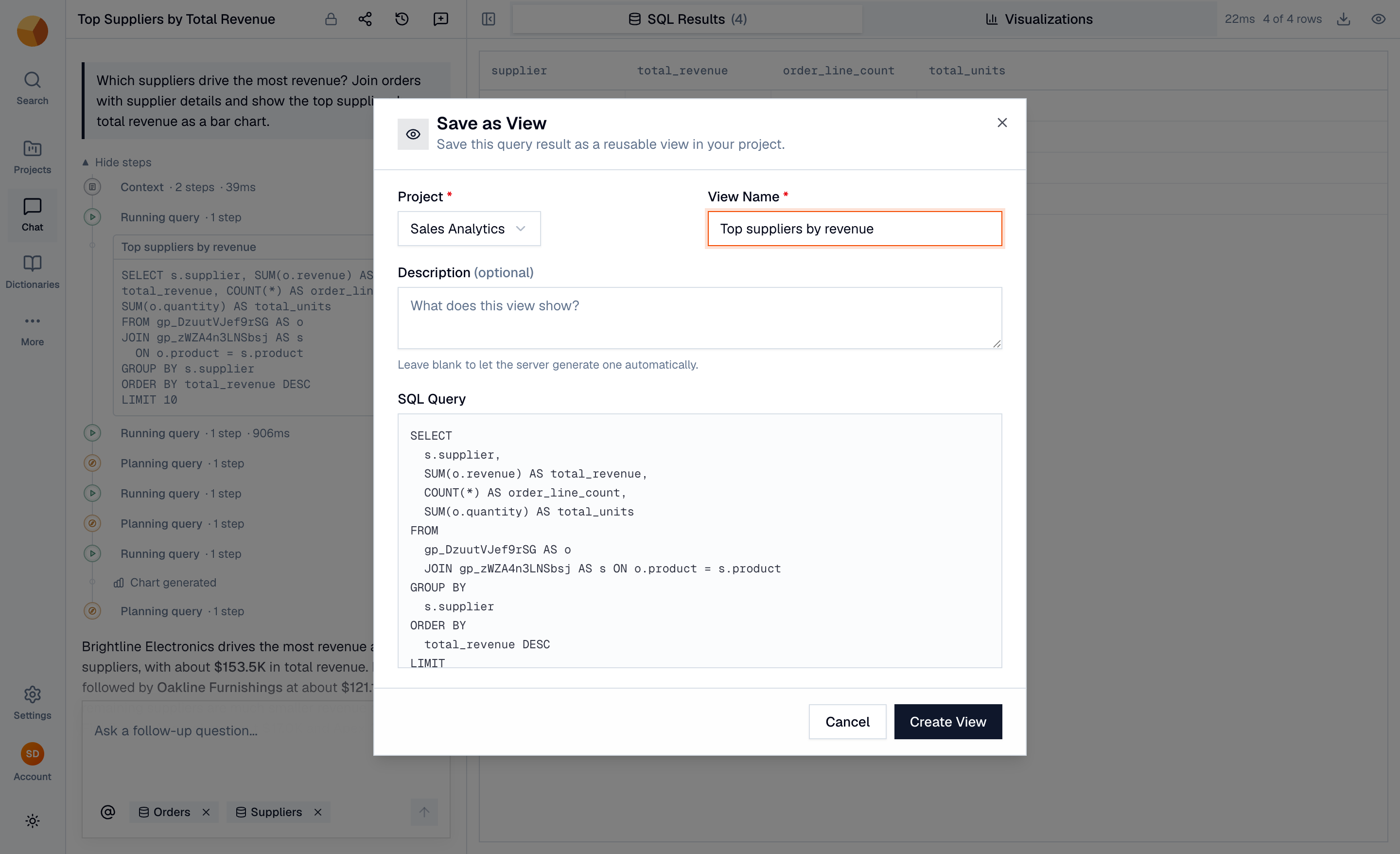 The Save as View dialog with project, name and description fields above the SQL preview