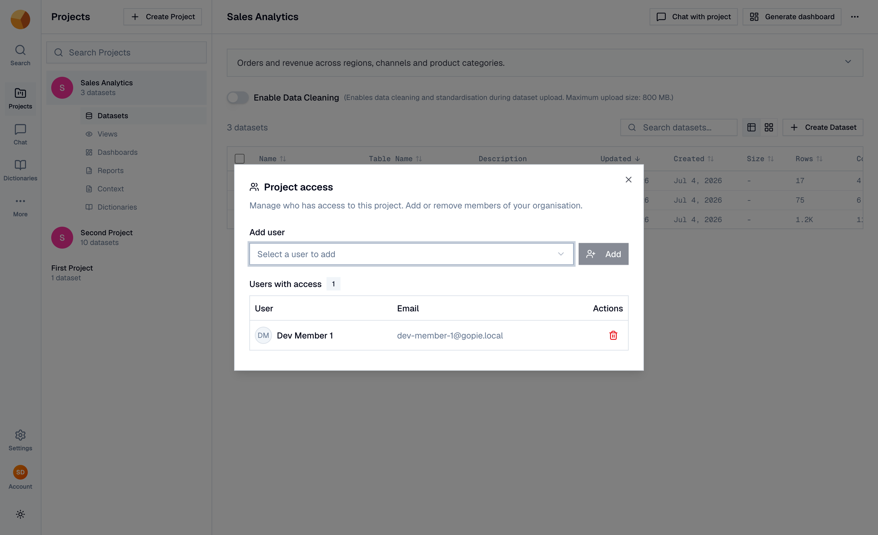 The project access panel with the member picker and the users-with-access table