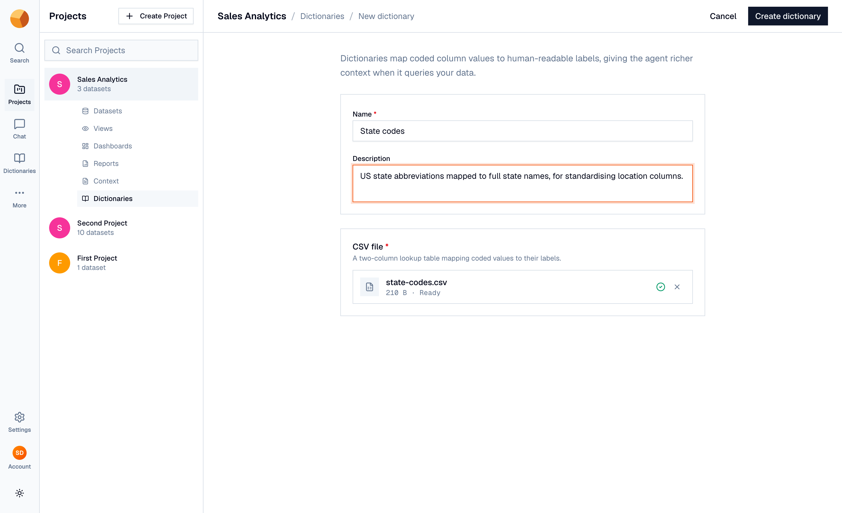 The dictionary editor with name, description and the CSV upload