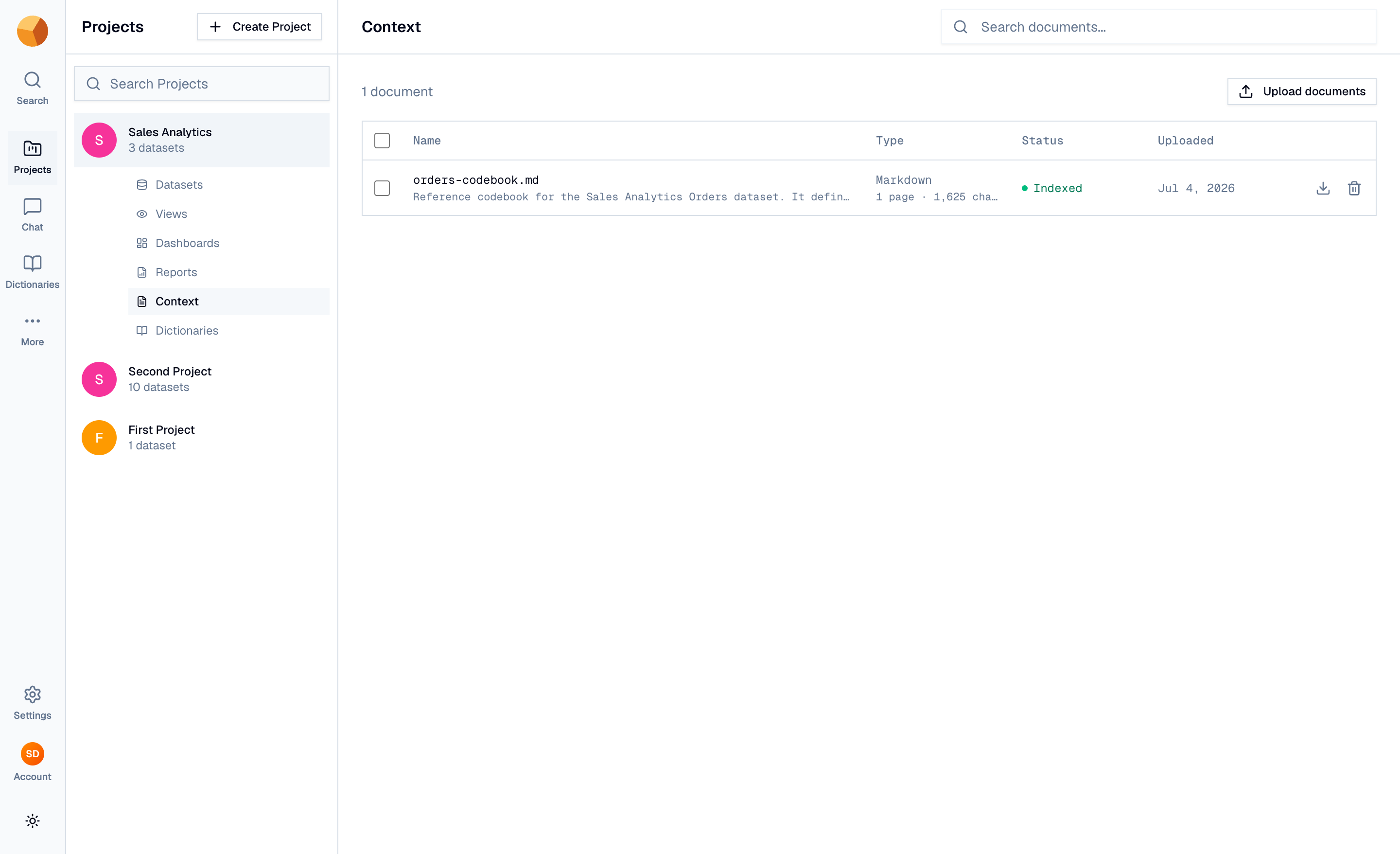 The Context documents list showing files with their indexing status