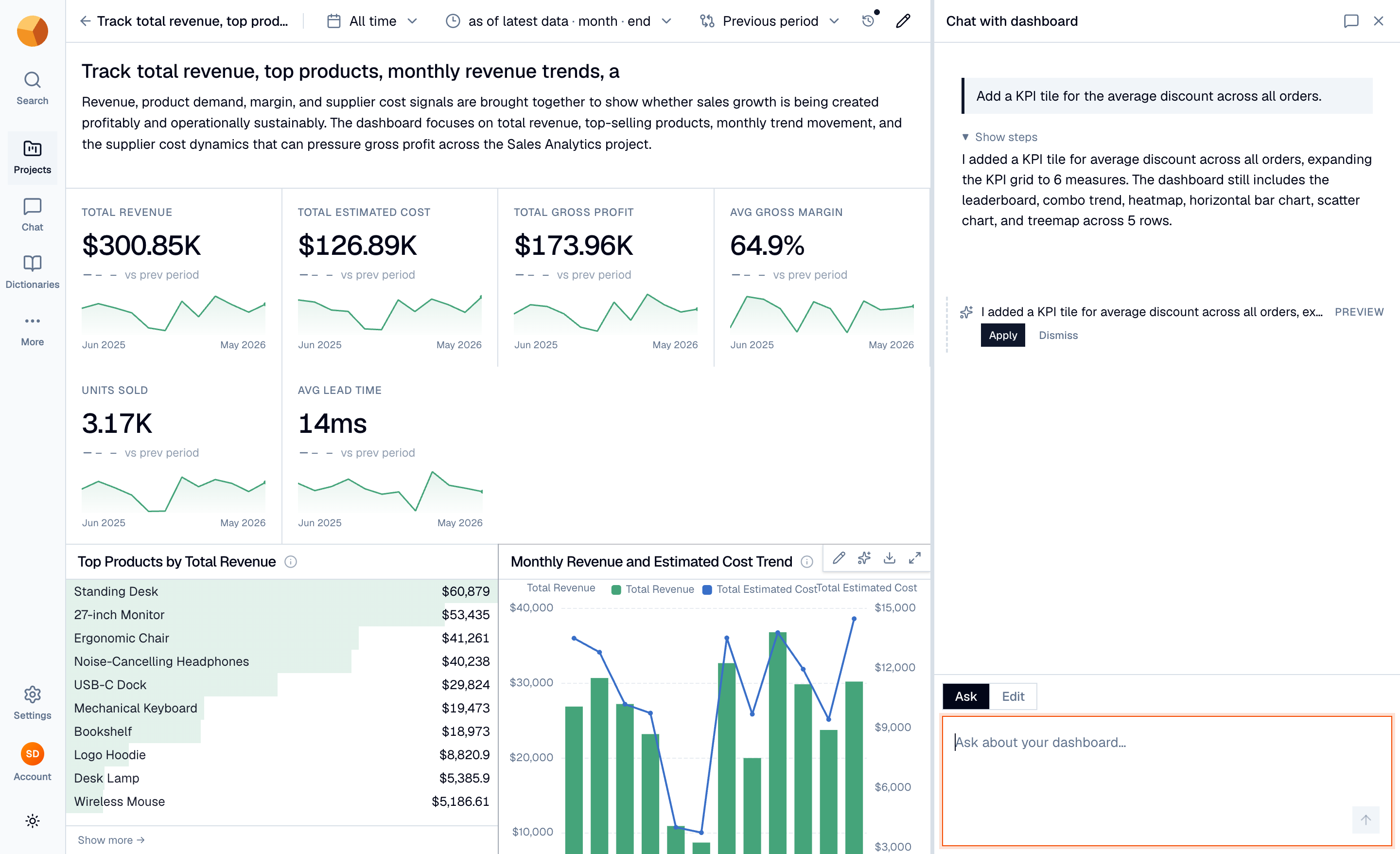The dashboard chat panel beside the canvas, with a proposed change awaiting Apply