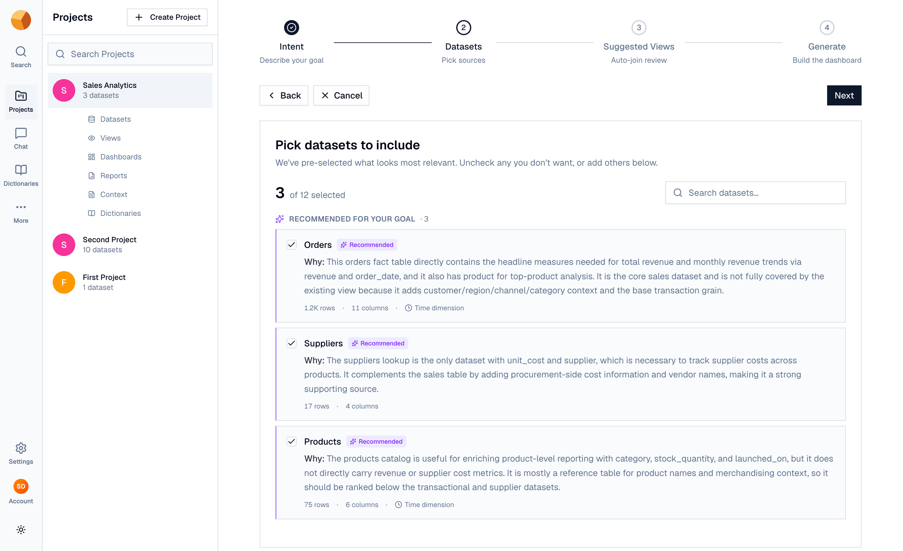 The project dashboard wizard on the dataset-selection step with AI recommendations