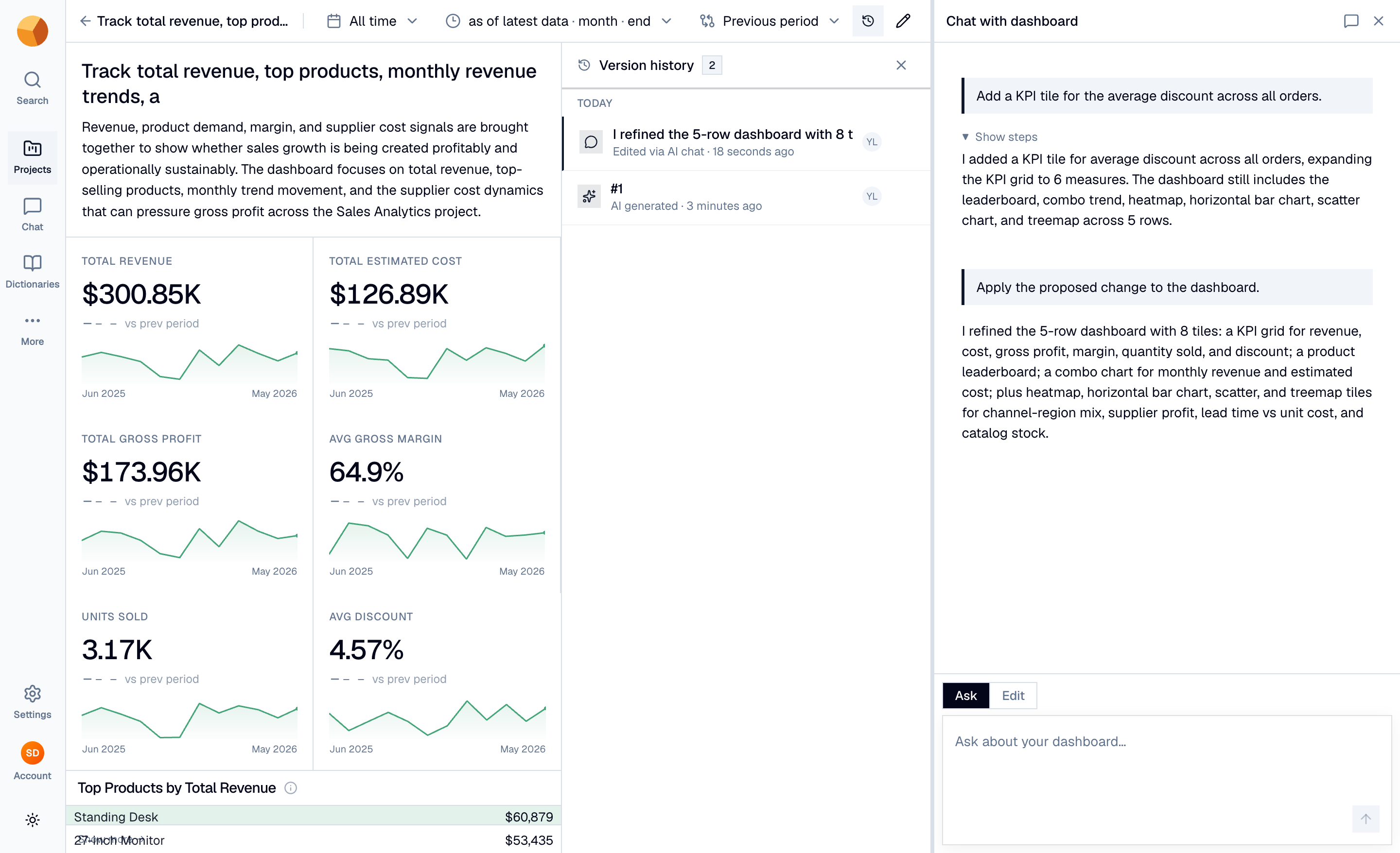 The version history panel listing versions with their sources and actions