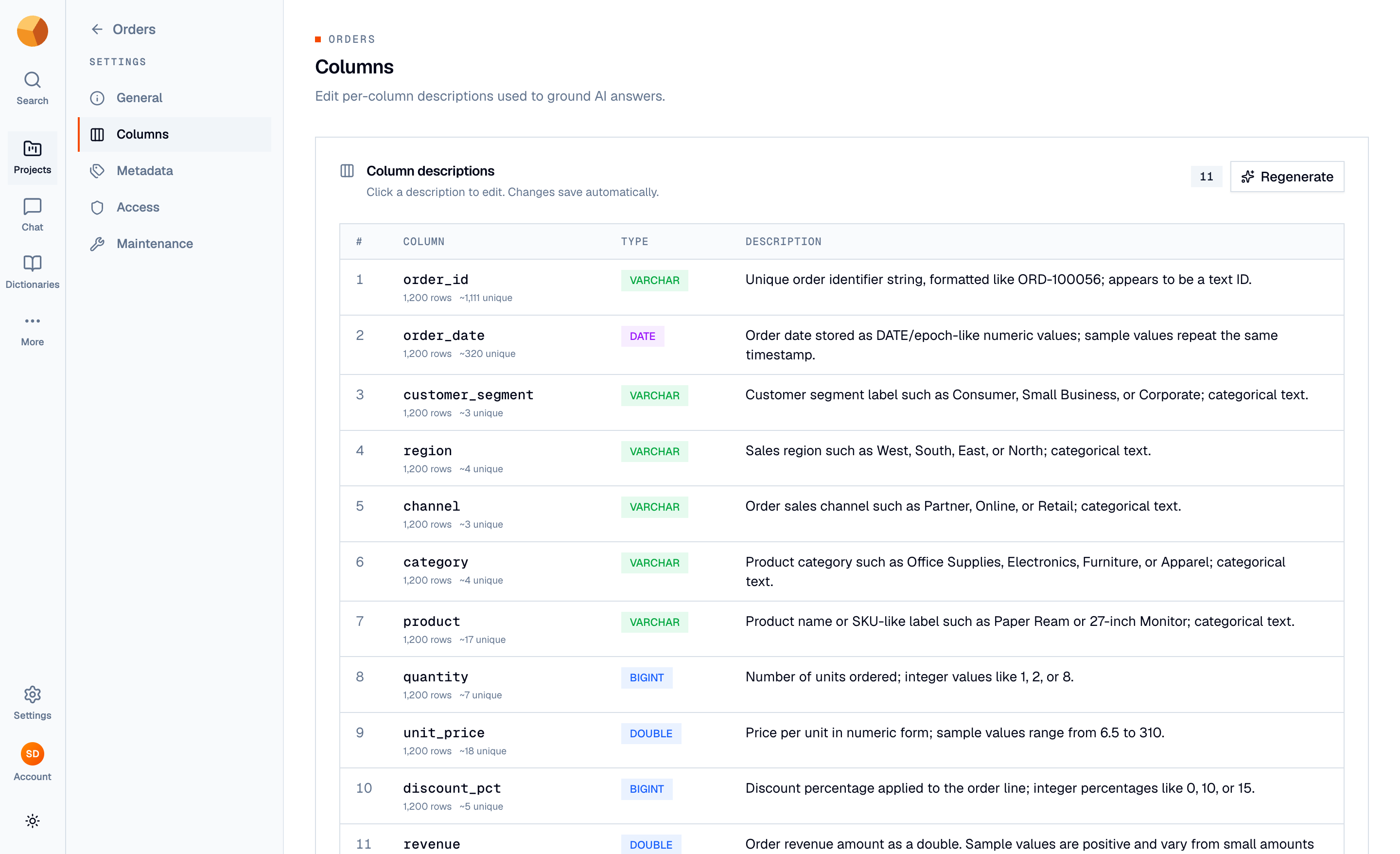 The Columns settings tab listing every column with its type and an editable description