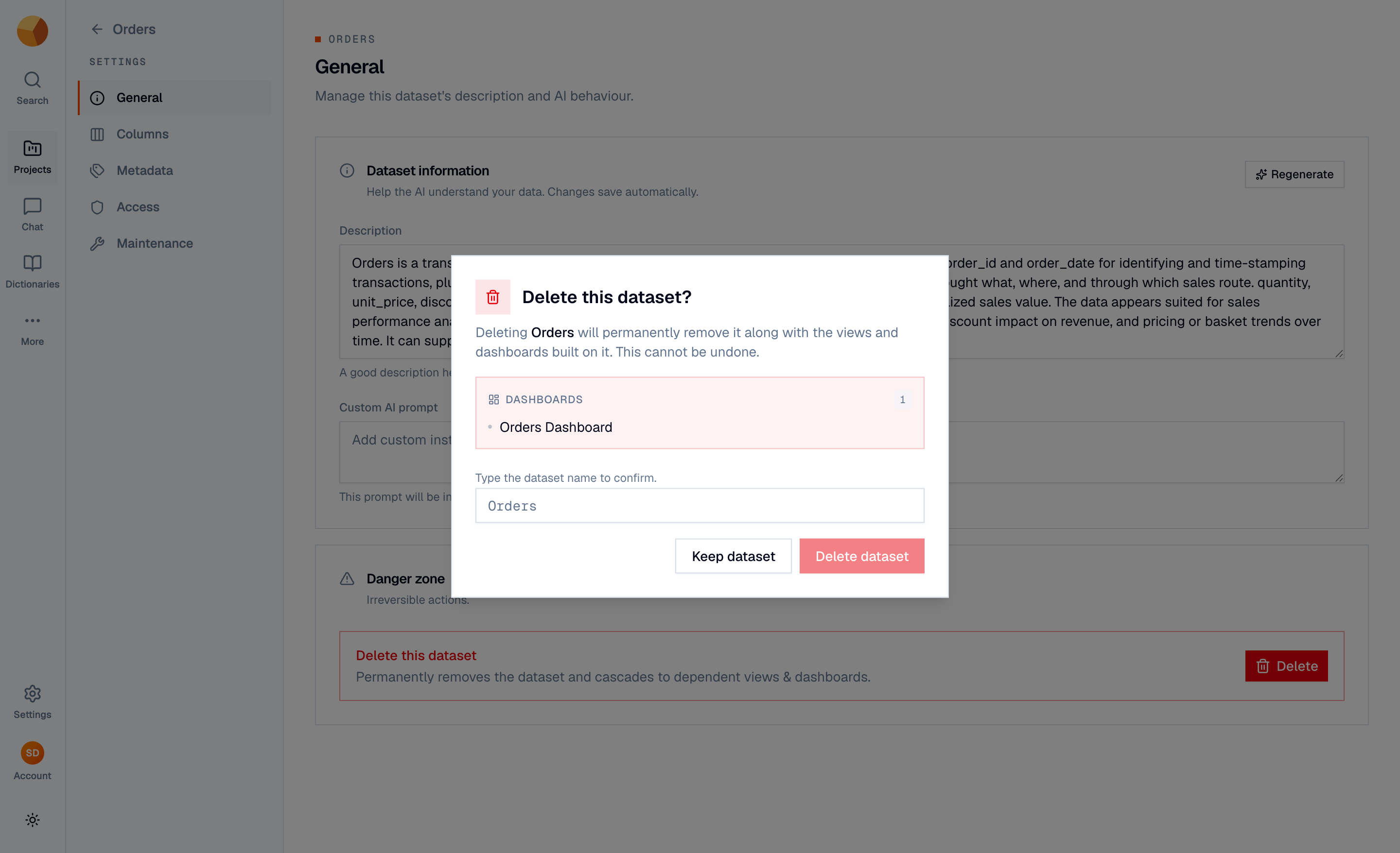 The delete confirmation dialog listing dependent views and dashboards with a type-to-confirm field