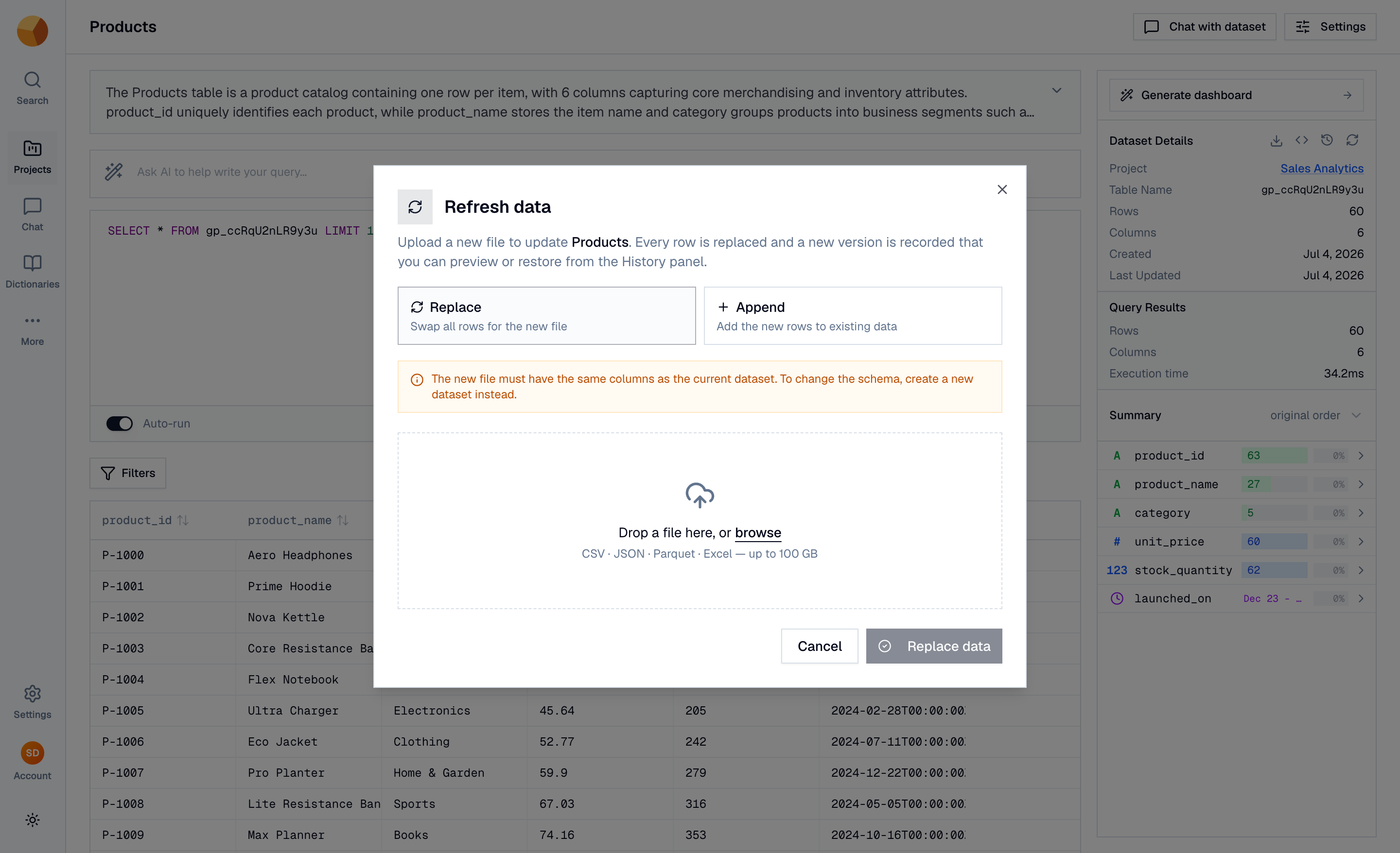 The refresh dialog for a file dataset offering Replace and Append modes