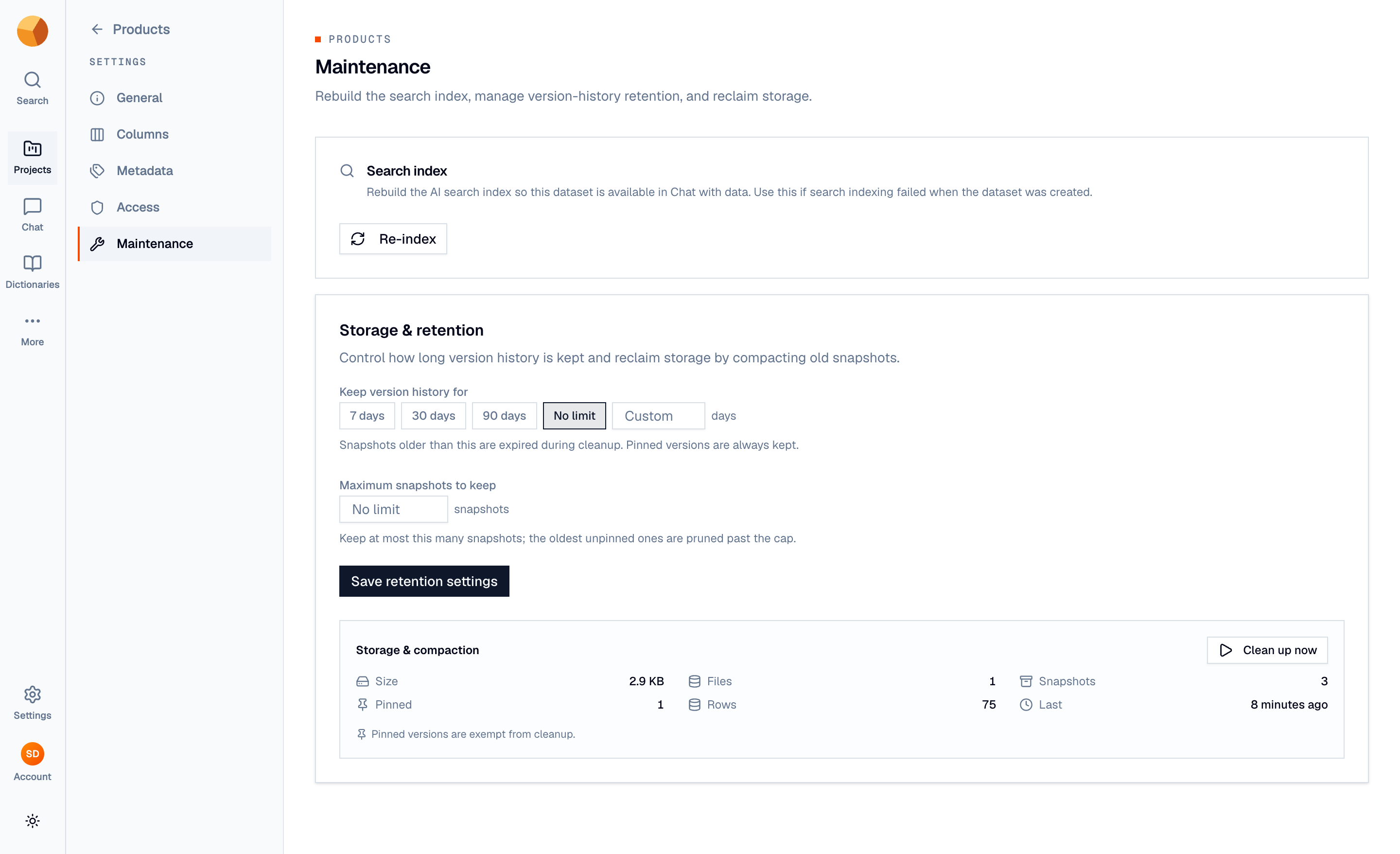 The storage and retention settings with keep-days presets, snapshot cap, and storage statistics