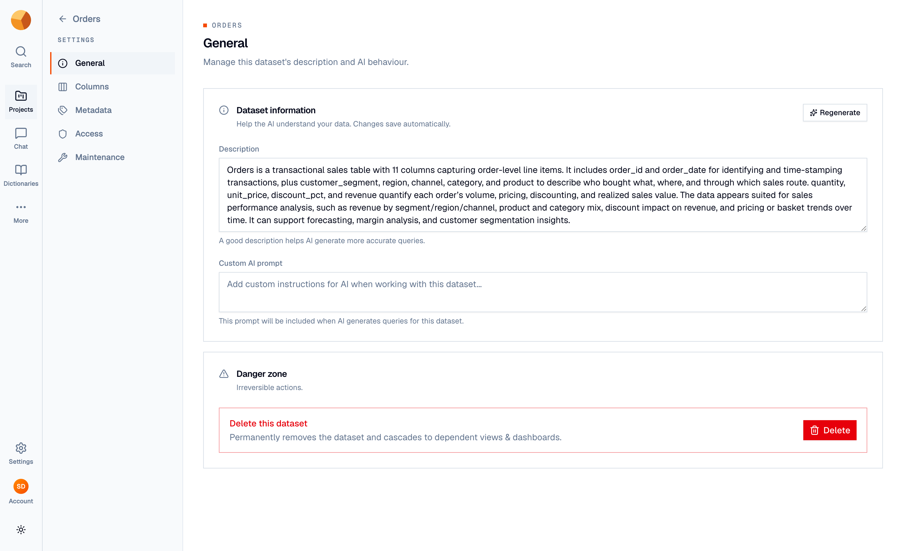 The General settings tab with the dataset description, custom AI prompt, and danger zone