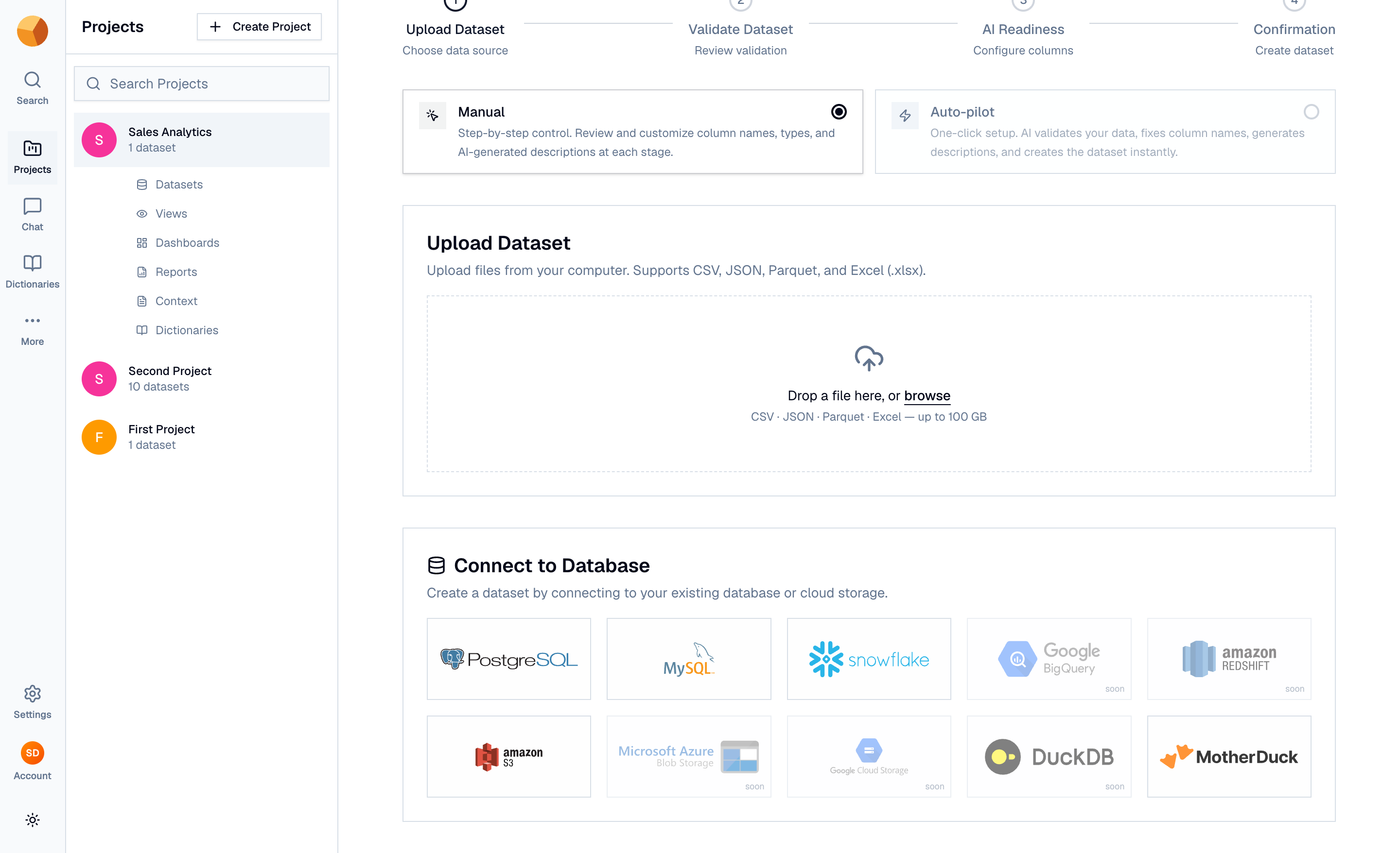 The Connect to Database grid showing driver tiles for PostgreSQL, MySQL, Snowflake, S3, MotherDuck and more