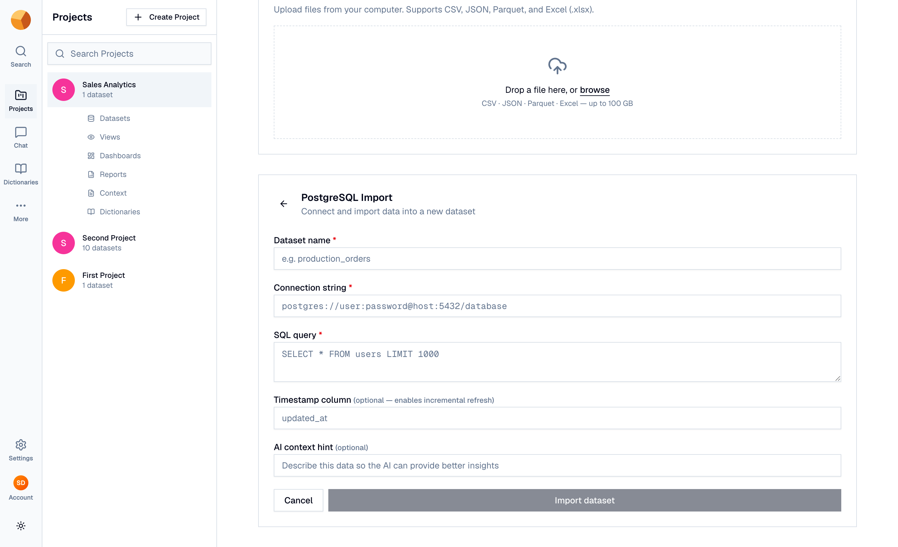 The PostgreSQL import form with connection string, SQL query, and timestamp column fields