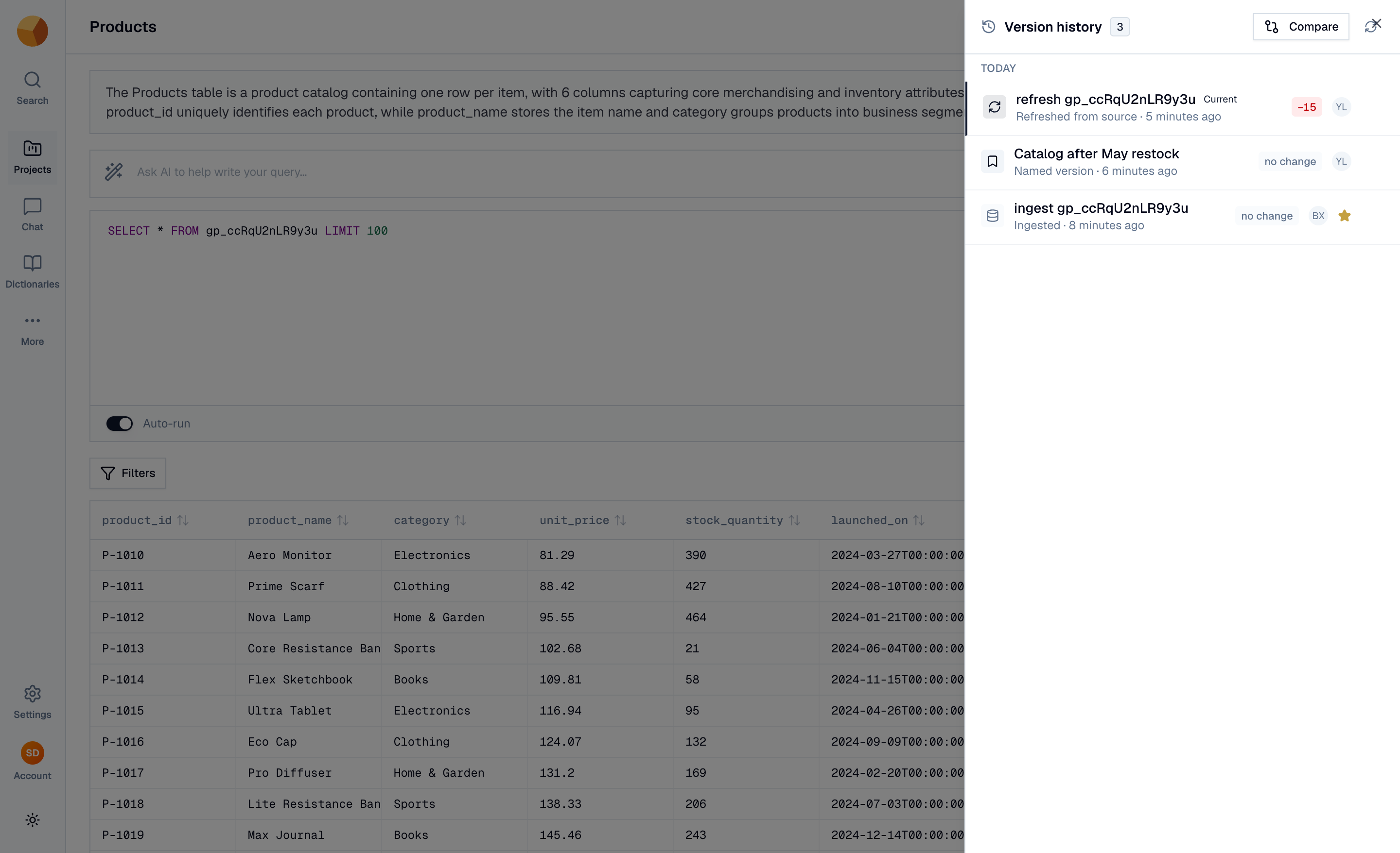 The version history panel showing a timeline of versions with row deltas and actions