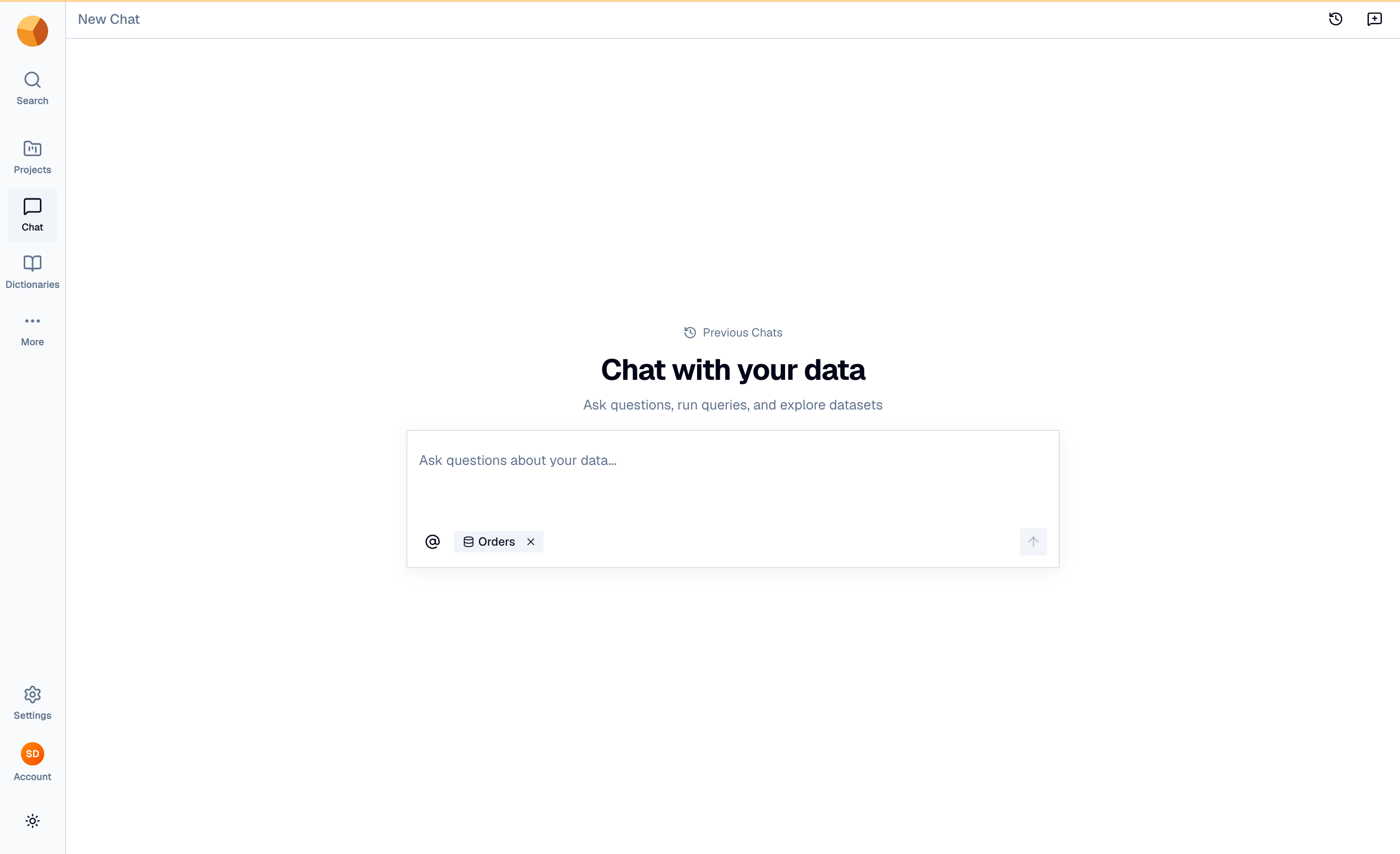 A new chat with the Orders dataset attached as a context chip