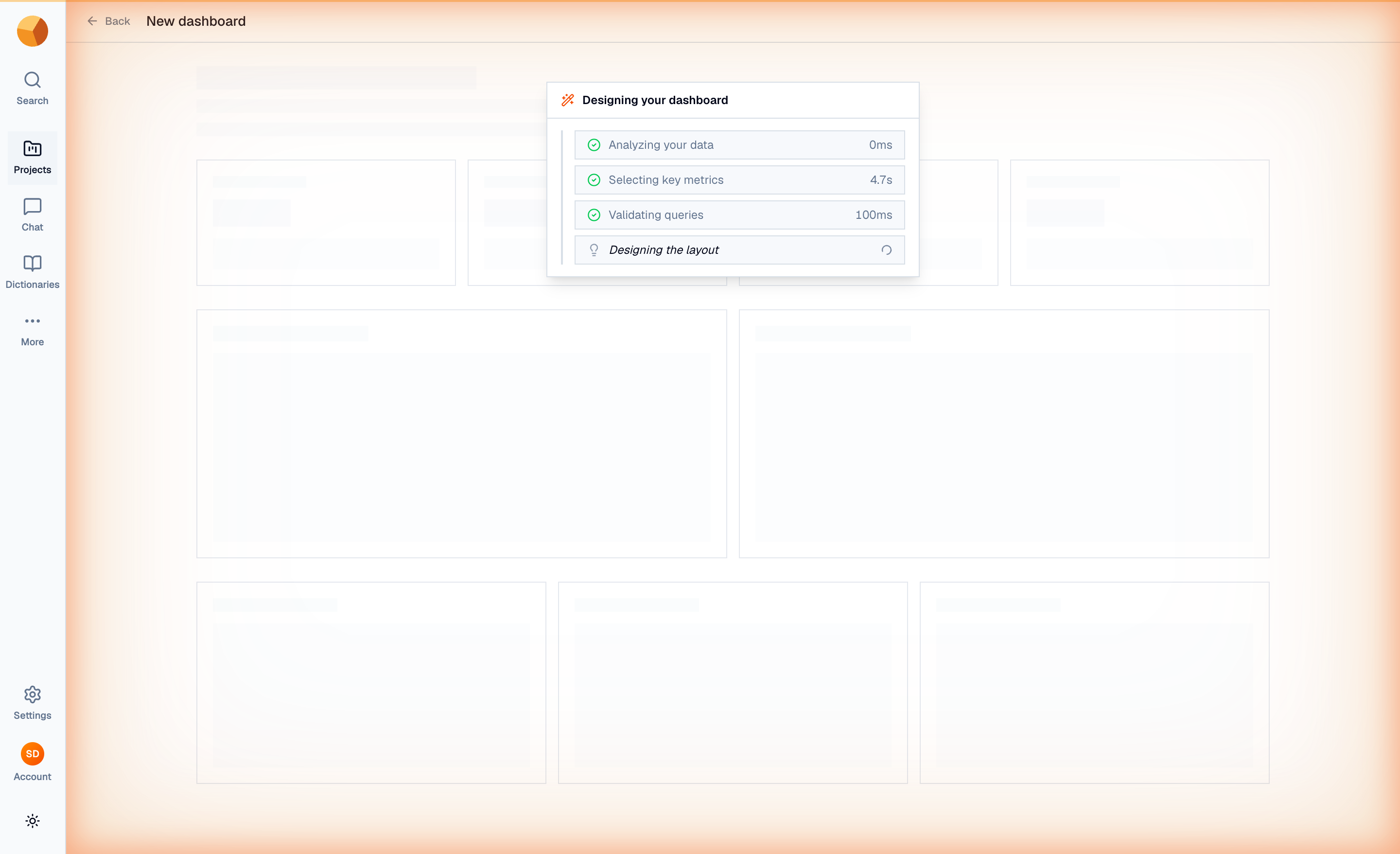 The Designing your dashboard progress card streaming four phases over a skeleton canvas