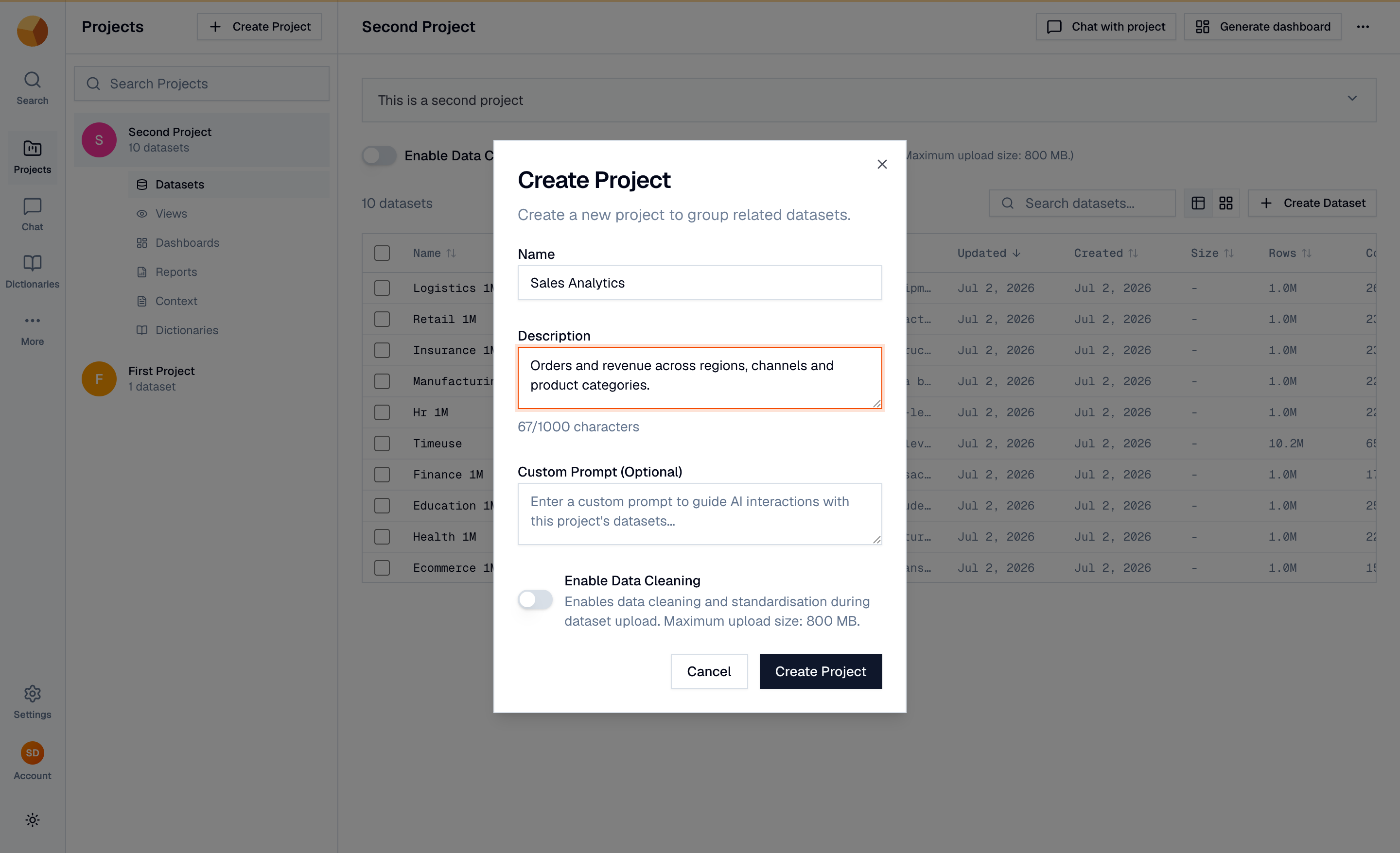 The Create Project dialog with Name, Description, and Custom Prompt fields and an Enable Data Cleaning toggle