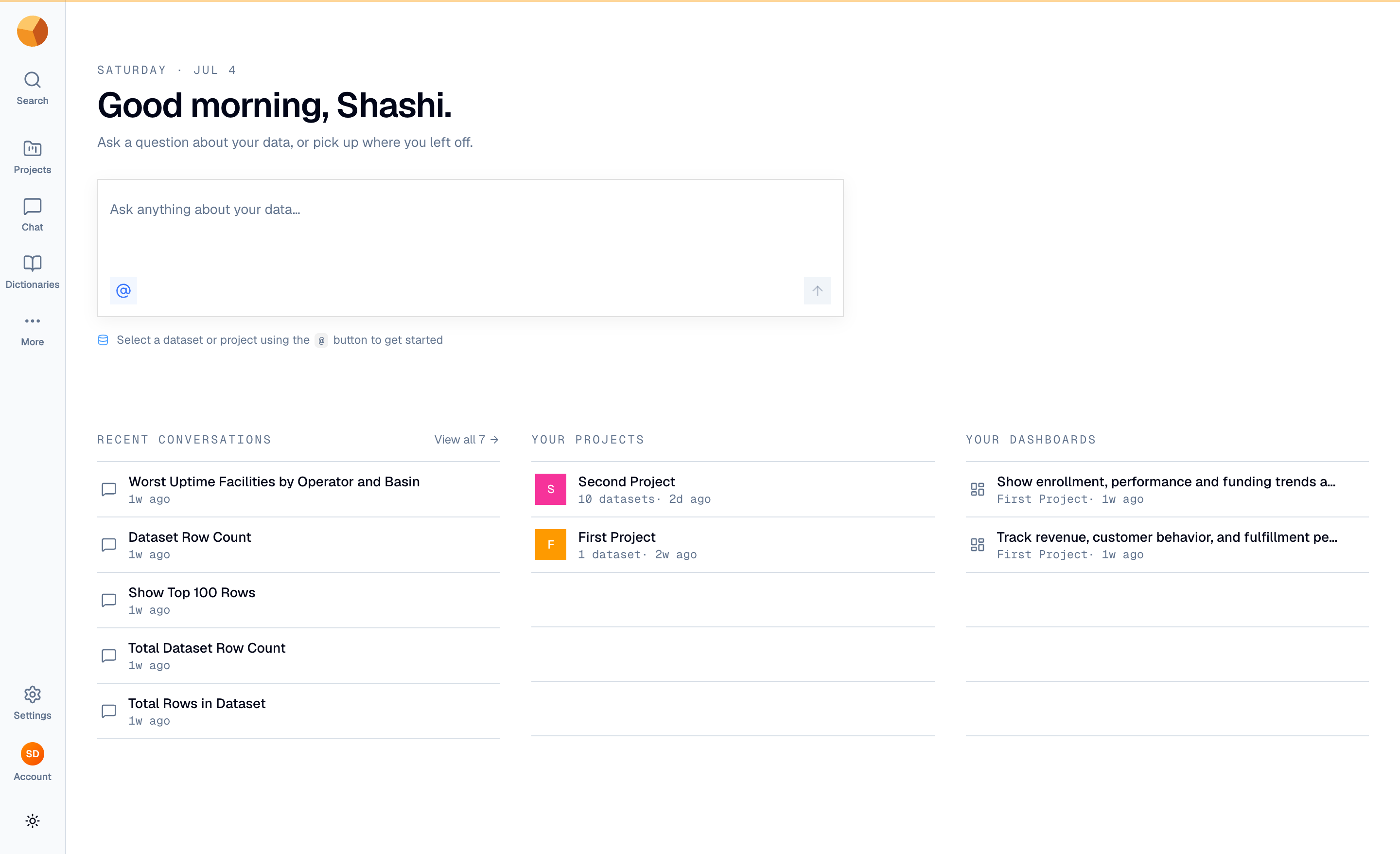 The GoPie home launchpad with a greeting, a chat composer, and lists of recent conversations, projects, and dashboards