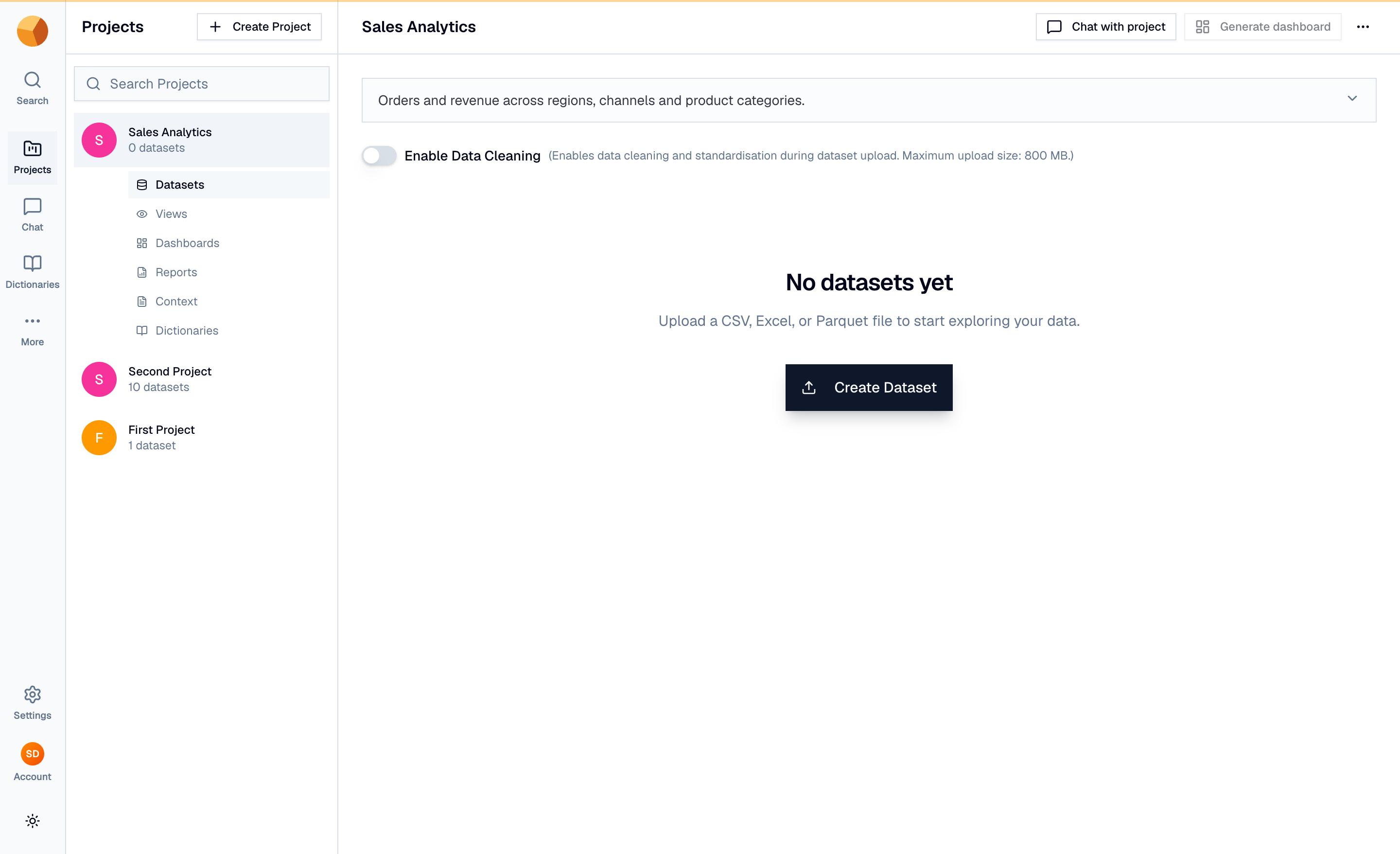 An empty project page showing the message "No datasets yet" and a Create Dataset button
