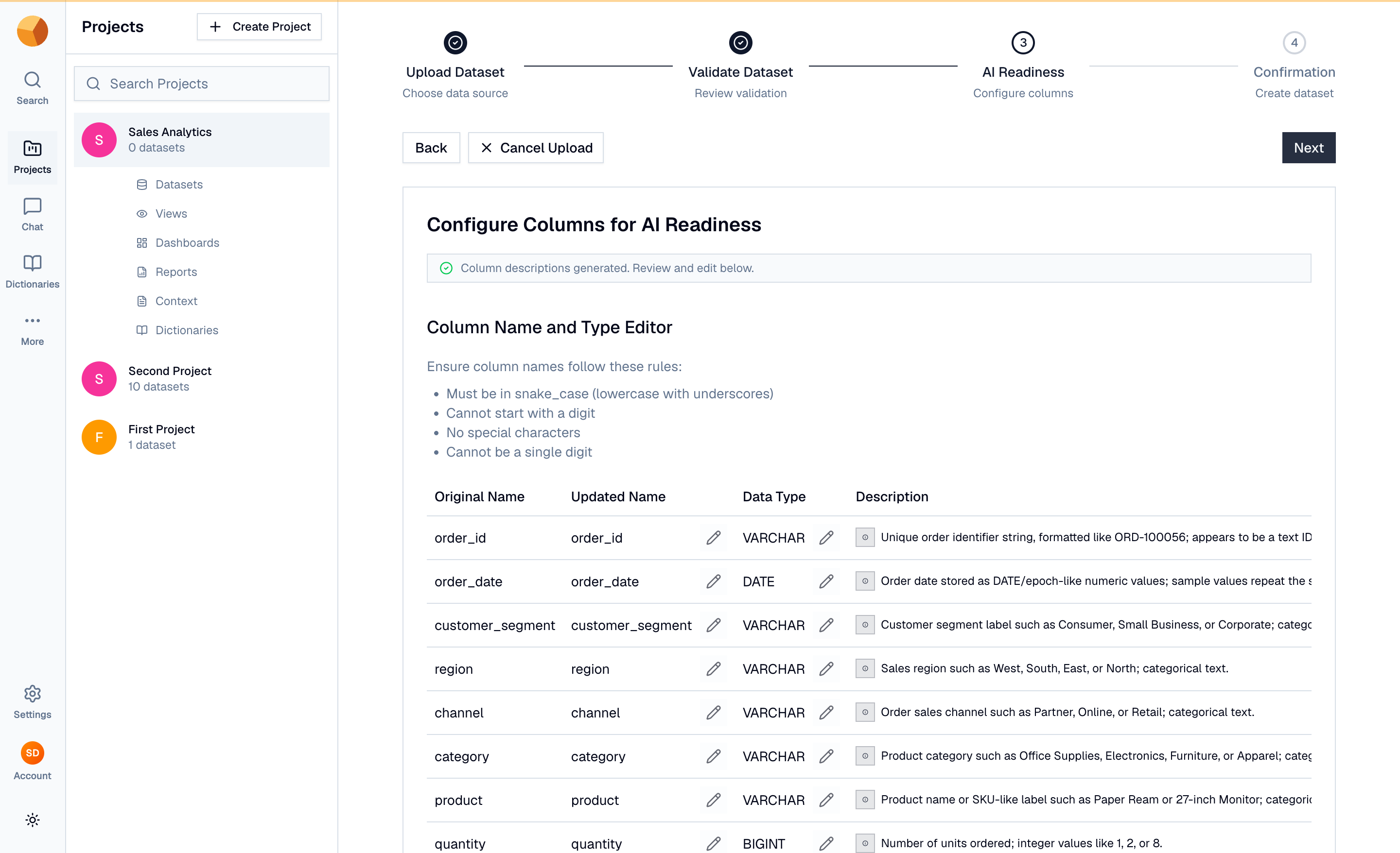 The AI Readiness step showing a column editor with names, types, and AI-generated descriptions