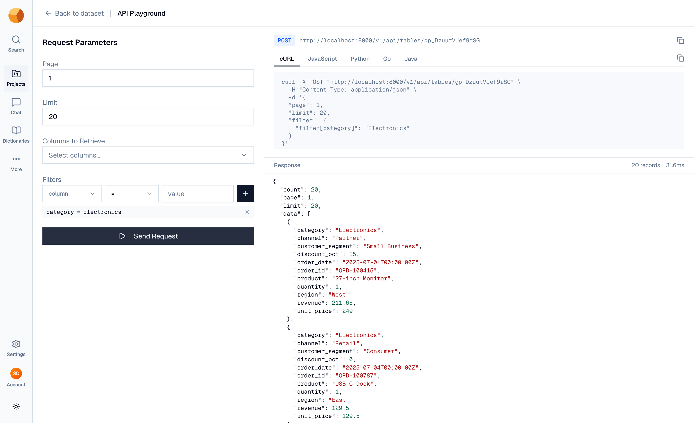 The API Playground with request parameters on the left and code snippets on the right