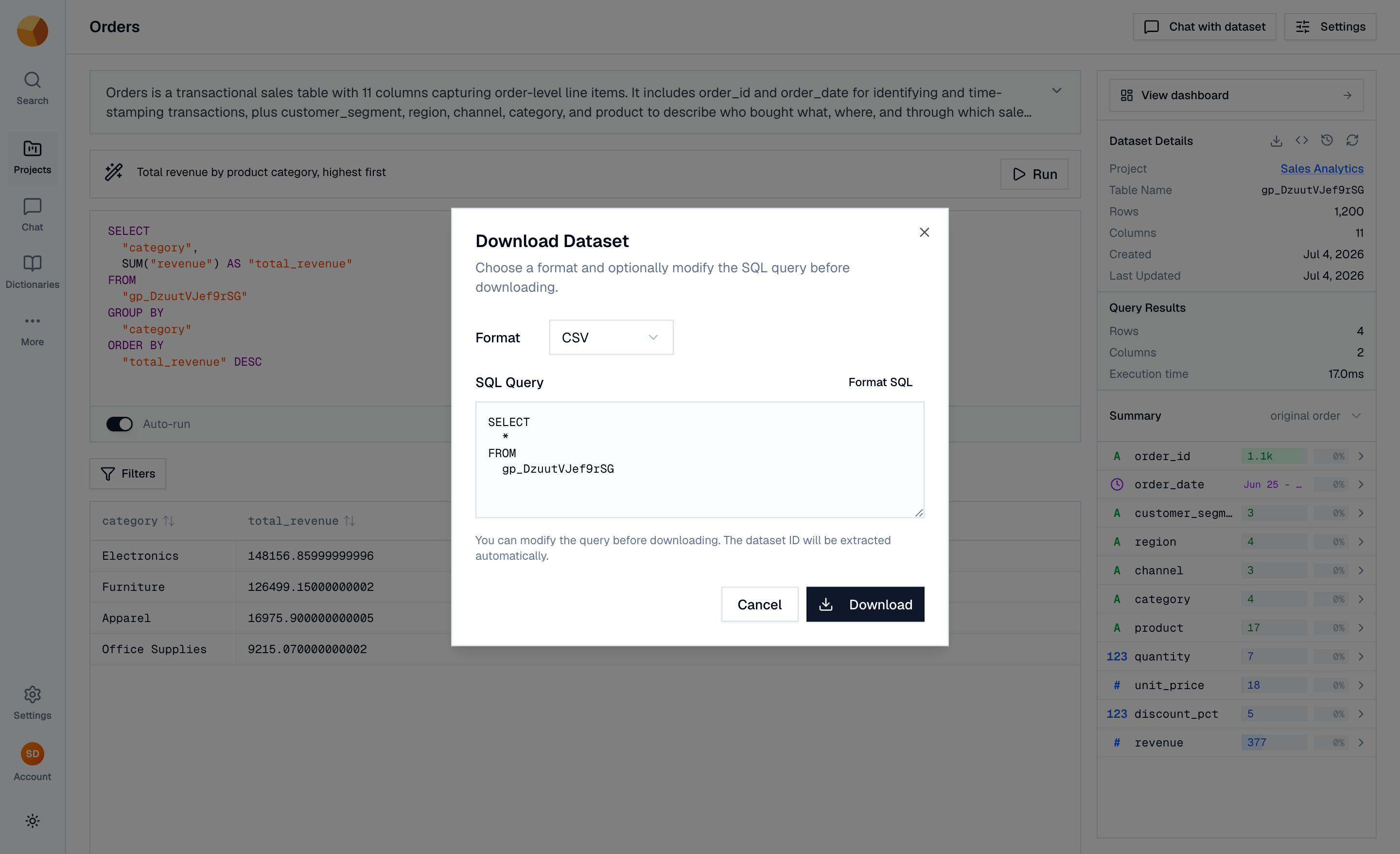 The download dialog with a format picker and an editable SQL query