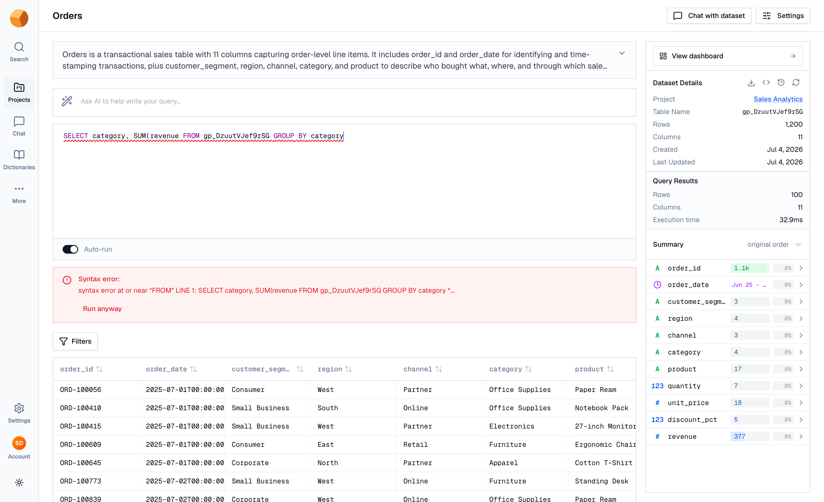 The validation banner showing a syntax error with a Run anyway escape hatch