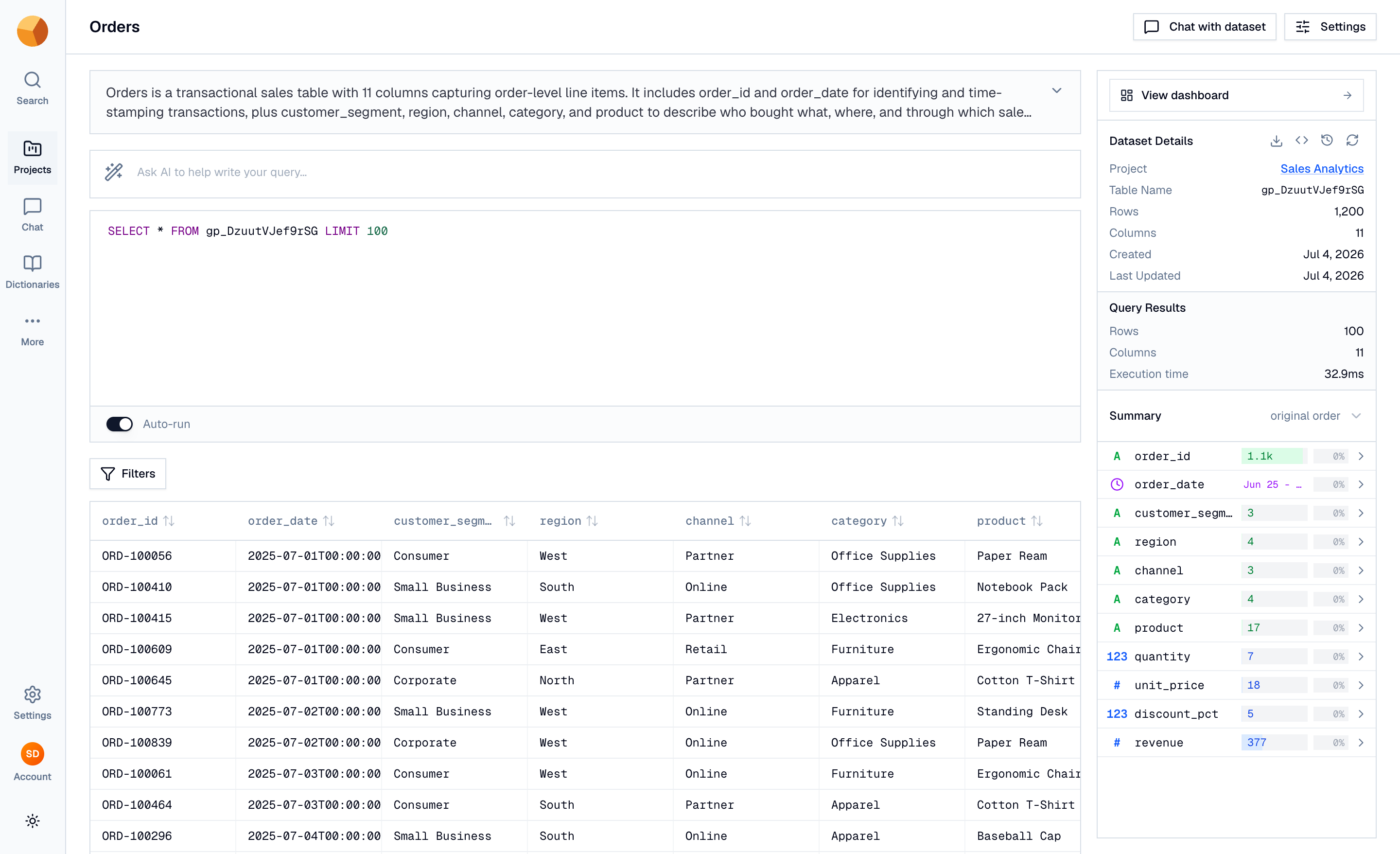 The SQL playground on a dataset page — editor, auto-run toggle, and results grid