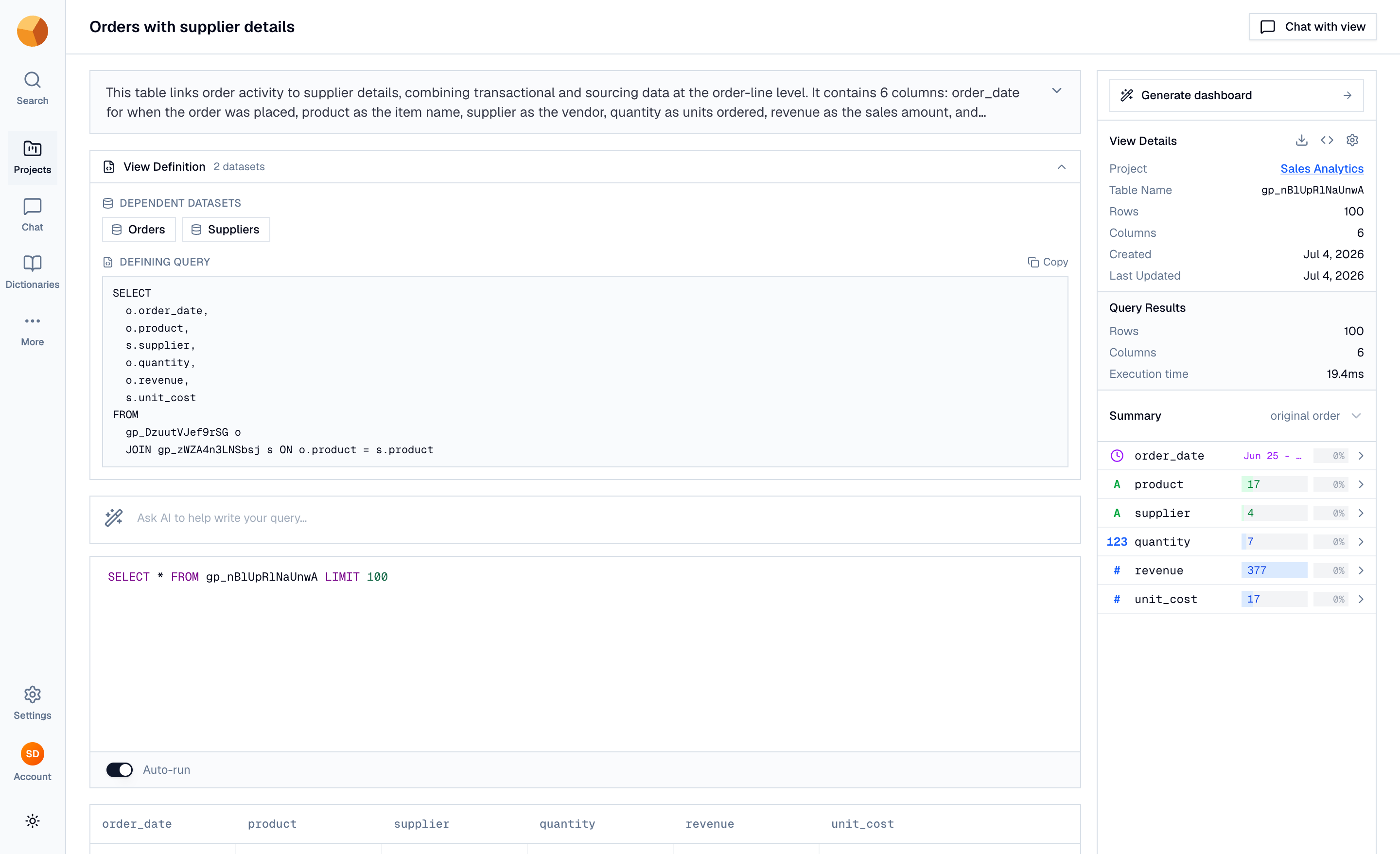A view's detail page with the View Definition panel expanded