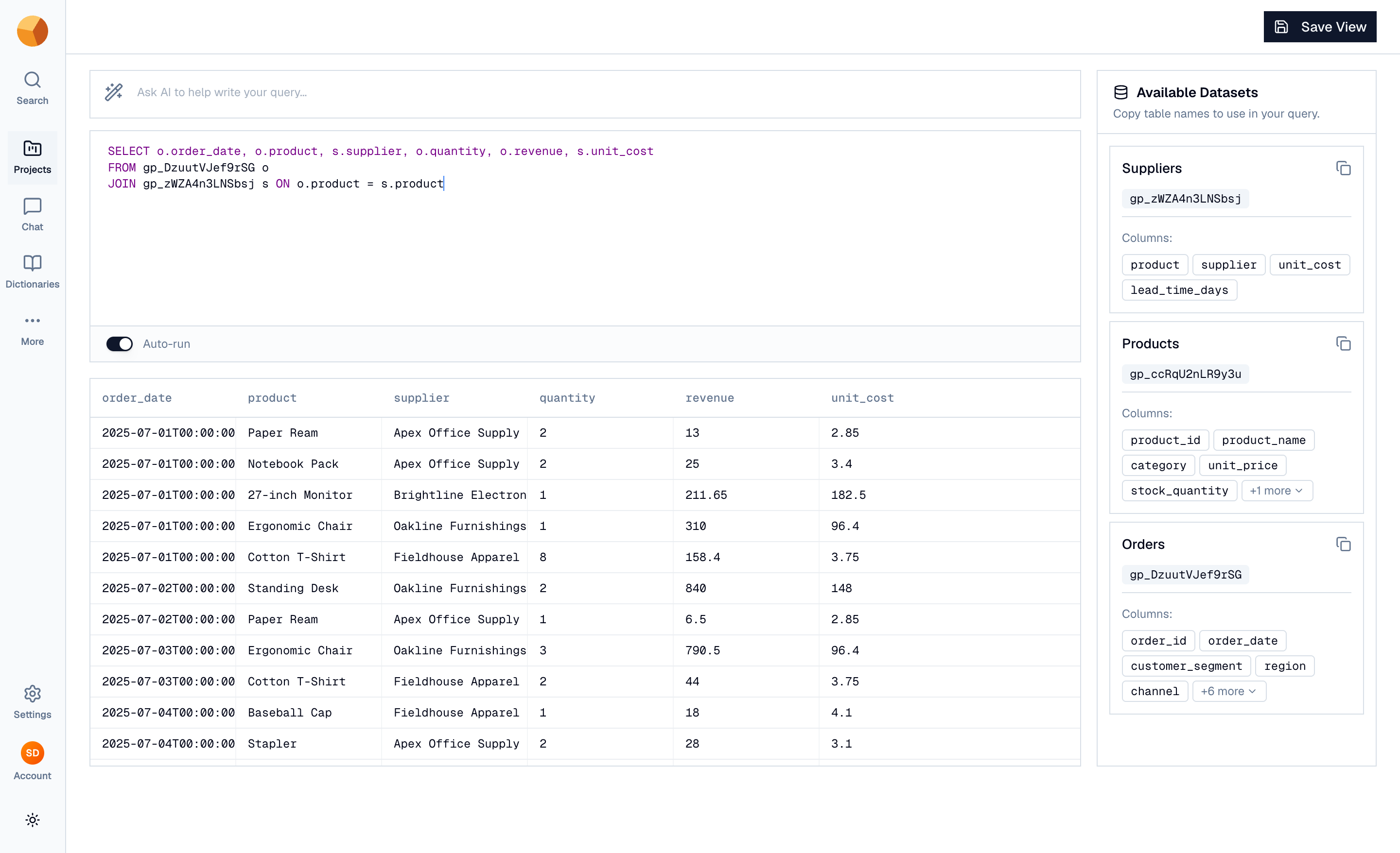 The view builder with the SQL editor and the Available Datasets panel