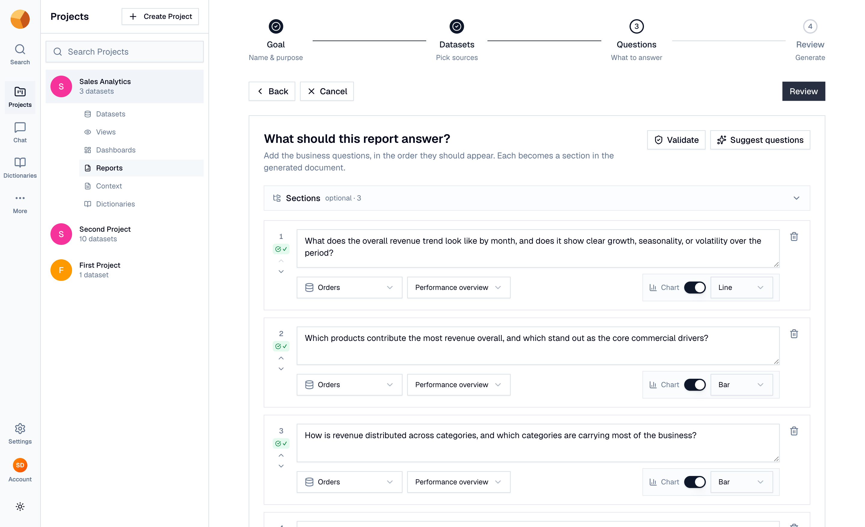 The questions step with AI-suggested questions, per-question sources and validation states